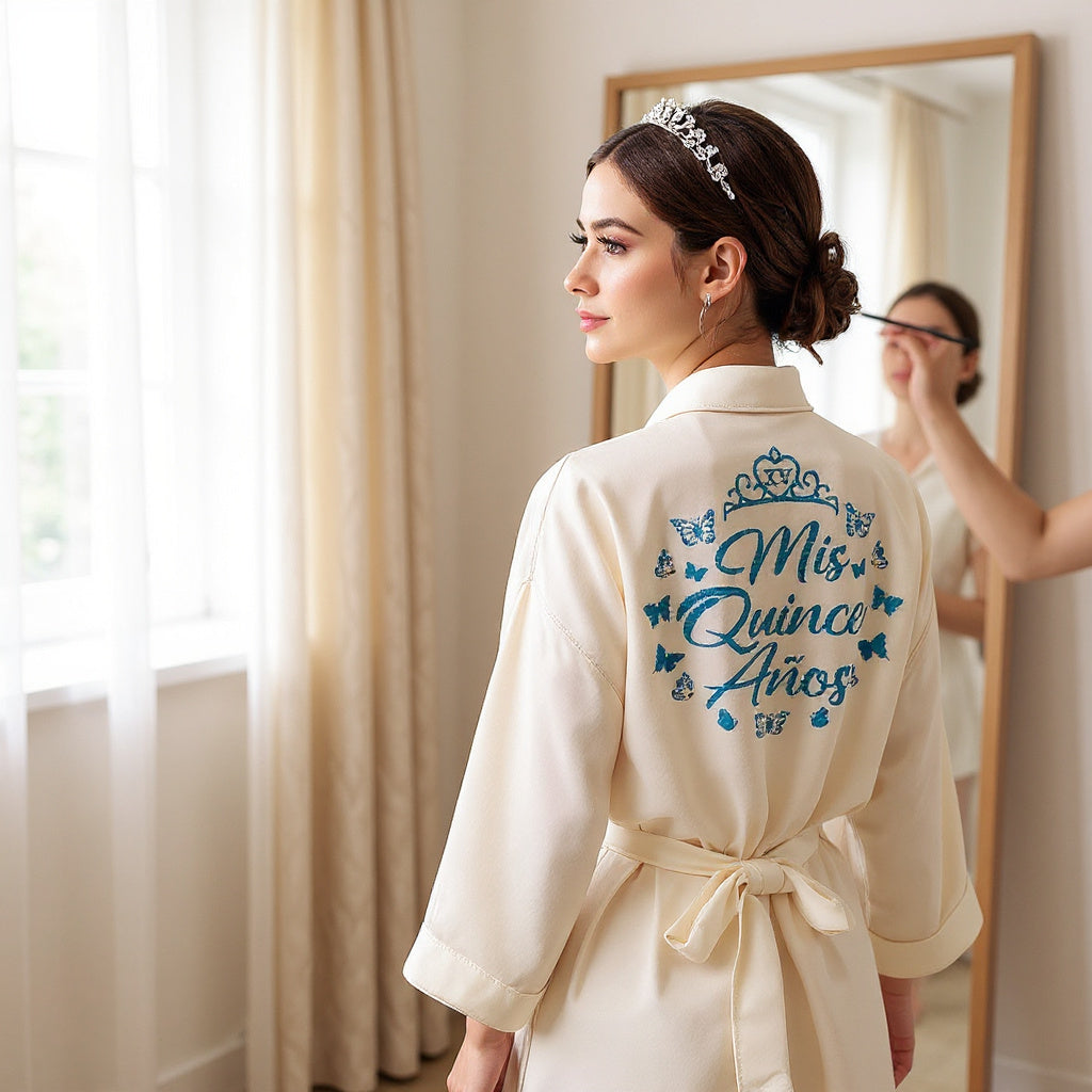 Glitter Satin Robe with Crown or Butterfly Symbol for Quinceañera, or Mama de Quinceañera, Mis Quince Años, Batas de XV, 15th Birthday Gift Custom